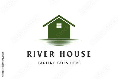 Simple Water Beach Lake River Creek House Cabin Cottage Villa Chalet Logo Design Vector