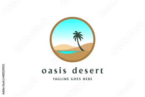 Circular Arabian Oasis Desert Lake with Palm Date Logo Design Vector