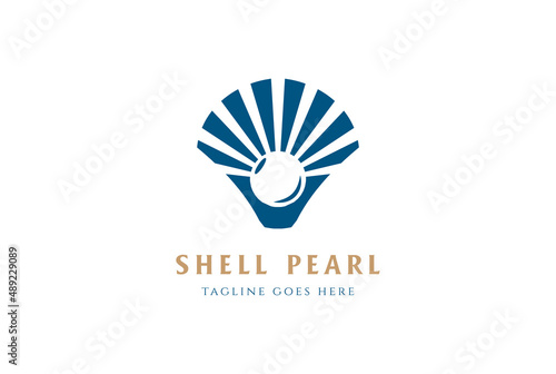 Simple Minimalist Sea Shell Scallop Oyster Cockle Clam Mussel with Pearl for Jewelry Store Logo Design Vector