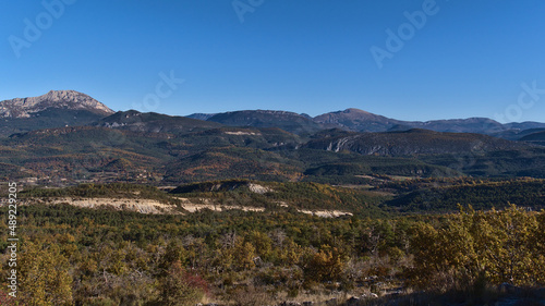 Beautiful view over idyllic landscape near rural village Trigance in Provence region in southern France on sunny day in autumn season with mountains.