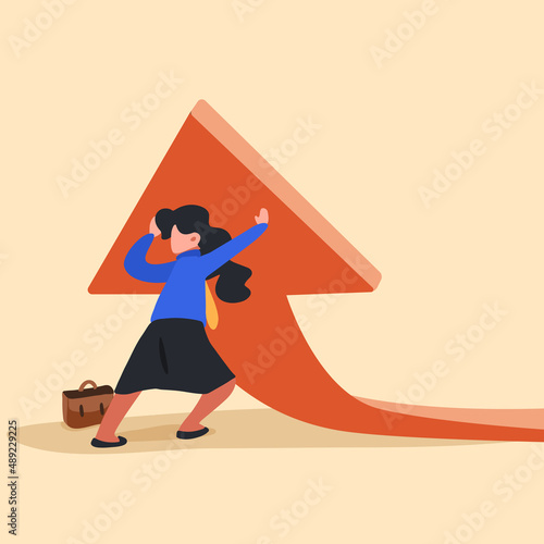 Business flat drawing young worker lifting rising financial arrow graph up. Businesswoman working hard to change direction of an arrow. Raising up arrow to reach success. Cartoon vector illustration