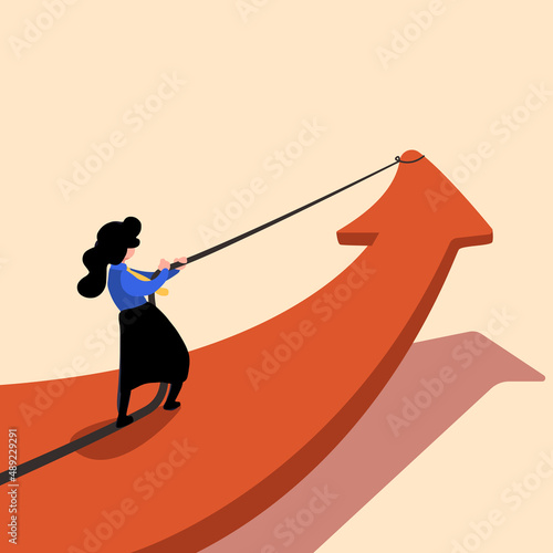 Business concept design businesswoman pulling big red arrow with rope, making it raise up. Marketing finance concept. Symbol arrow of success. Leadership, achievement. Vector illustration flat cartoon