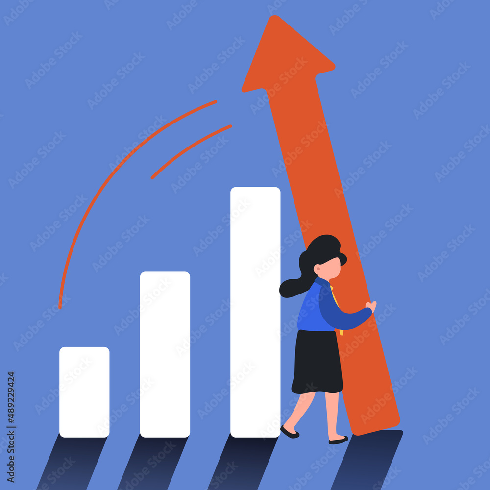 Business concept design businesswoman pushing bar chart. Business person holding bar chart from being fall over metaphor of survive, grow. Business crisis management. Vector illustration flat cartoon Business concept design businesswoman pushing bar chart. Business person holding bar chart from being fall over metaphor of survive, grow. Business crisis management. Vector illustration flat cartoon
