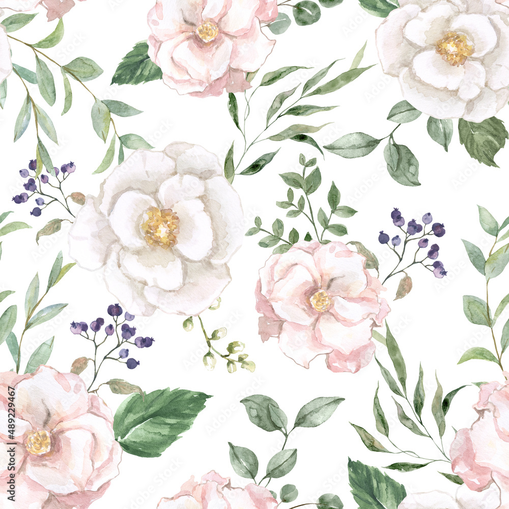 Watercolor subtle floral seamless pattern with soft pink and white delicate flowers, green foliage. Botanical wallpaper. Hand painted graphic.