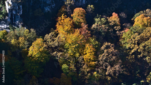 Beautiful high angle view of deep canyon Verdon Gorge (Gorges du Verdon) in Provence region in southern France on sunny day in autumn season.