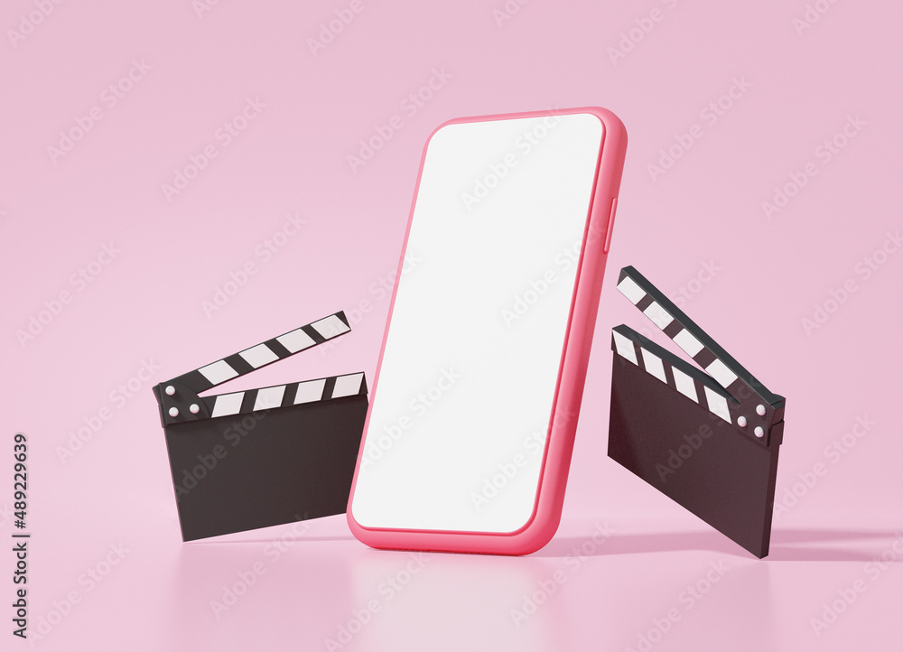 Creative video editing concept via smartphone with Movie clapper board  floating on pink background, cartoon minimal, banner, vlog, website. 3d  render illustration Stock Illustration | Adobe Stock