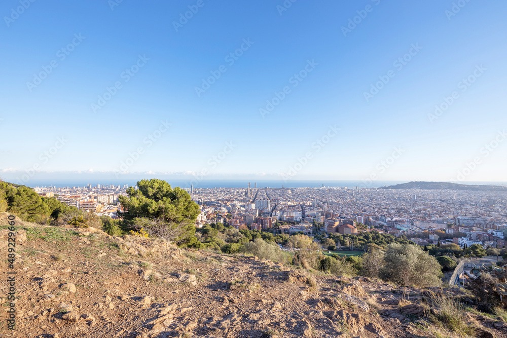 November, view of the city of Barcelona from the mountain on a sunny day. Urban landscape. Blue sky over the city, green vegetation in the foreground.