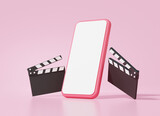 Creative video editing concept via smartphone with Movie clapper board floating on pink background, cartoon minimal, banner,  vlog, website. 3d render illustration