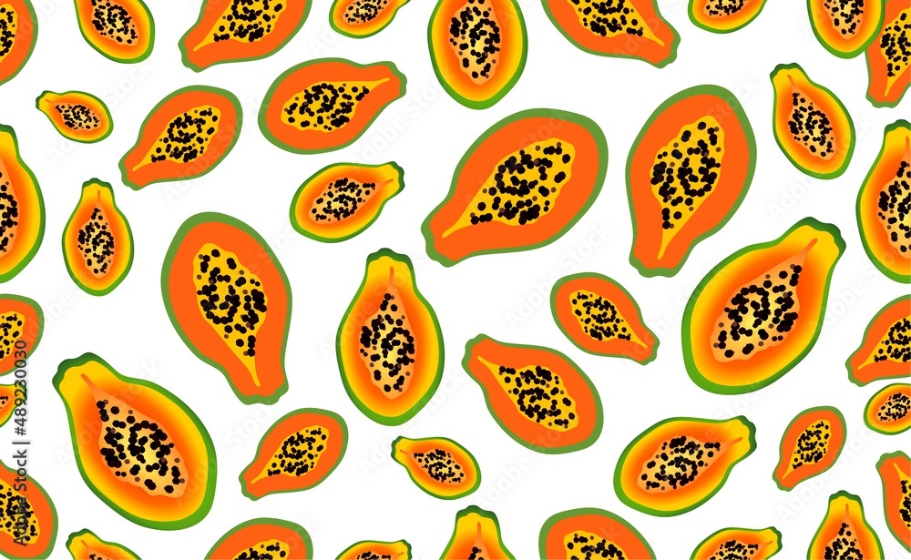 Papaya as a background. Juicy and bright fruit in the section with seeds. Orange-yellow papaya with different background colors. A modern pattern for the website, packaging, and cover. Papaya as a background. Juicy and bright fruit in the section with seeds. Orange-yellow papaya with different background colors. A modern pattern for the website, packaging, and cover.