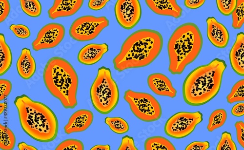 Papaya as a background. Juicy and bright fruit in the section with seeds. Orange-yellow papaya with different background colors. A modern pattern for the website, packaging, and cover.