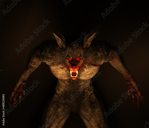 Werewolf Dogman cryptid roaring with glowing red eyes against a smoky out of focus background