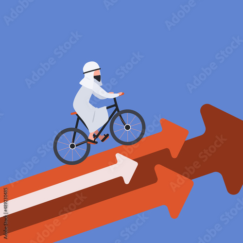 Business concept flat style Arabic businessman riding bicycle on arrow. Worker riding bike on rising arrow. Business metaphor. Successful, man go up at bicycle. Chart go up. Design vector illustration