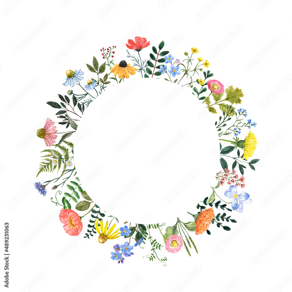 Watercolor wildflowers circle frame on white background. Summer meadow floral wreath. Holiday card template illustration with colorful plants and leaves.