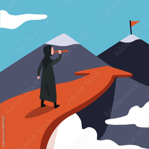 Business flat drawing young Arabian businesswoman standing on arrow looking with telescope growth and to achieve higher. Illustration of sky with cloud and mountain view. Cartoon style graphic vector