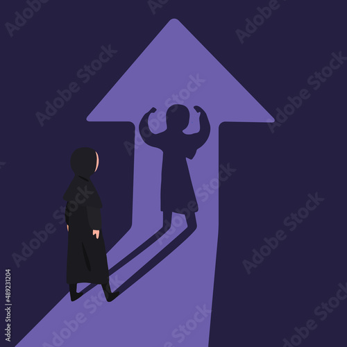 Business concept design young Arabic businesswoman watches her shadow with lifting hands up, contemplating about being success and positive. Professional worker. Vector illustration flat cartoon style