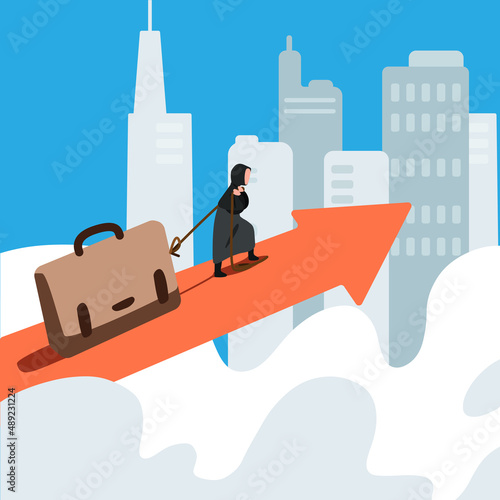 Business concept flat style isolated Arabian businesswoman pulling heavy big briefcase up the on red arrow go to goal of financial business success. Hard work for success. Design vector illustration
