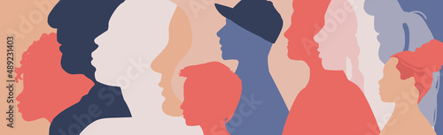 cross cultural communication, diverse people, interactivity between members of different cultural groups. various racial, ethnic, socioeconomic, cultural, lifestyles, experience. profile silhouettes photo