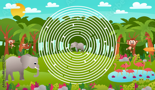 Tropical jungle forest circle maze for kids with cute elephant characters and flamingos with frogs, help to find right way, printable worksheet in cartoon style for school, animal wildlife theme