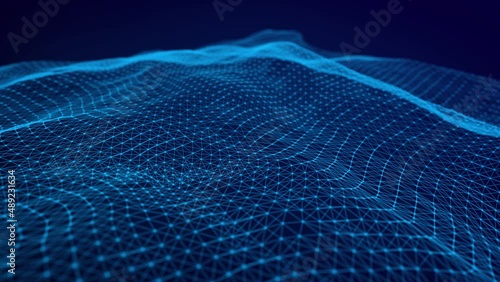 Digital technology background. Abstract dynamic wave of connected dots and lines on dark background. Wave of bright particles. Big data. 4K illustration. 3d rendering.