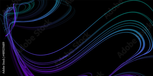 Abstract geometric illustration of doodle waves with felt-tip pen with gradient on dark background. Abstract halographic gradient background. Threads, traces of smoke.