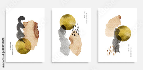 Modern illustration set with japanese wave pattern, hand painted stains and gold circle. Design for wall decoration, poster, flyer, brochure.