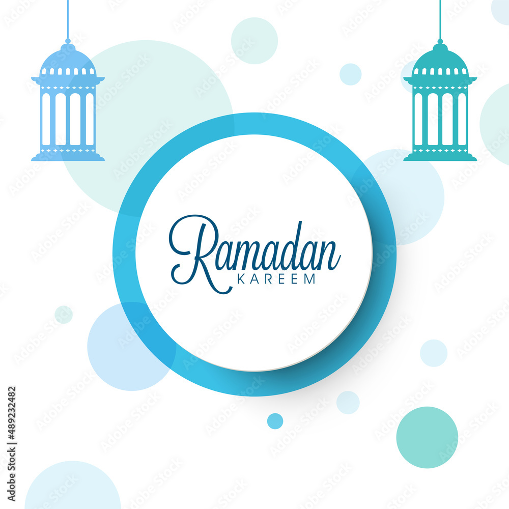Ramadan Kareem Font Over Round Frame With Arabic Lanterns On Blue And White Background.
