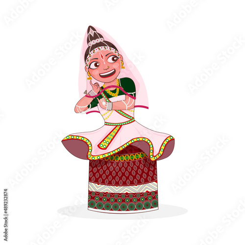 Cheerful Young Woman Performing Manipuri Dance On White Background. photo