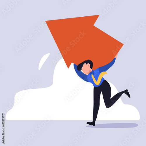 Business flat drawing businessman carrying heavy arrows. Motivated male manager carry huge arrow face up on back reach financial stability and goal achievement. Cartoon graphic vector illustration