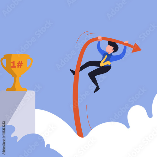 Business flat drawing motivated businessman jumping using pole vault to reach trophy. Business competition  career challenge and goal achievement. Male manager reach aim. Cartoon vector illustration