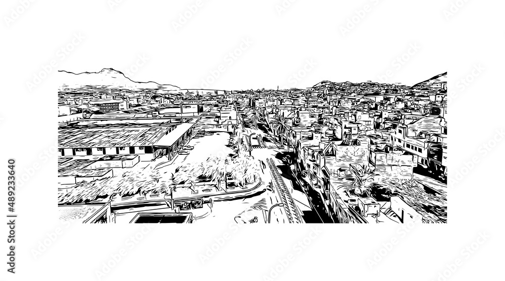 Building view with landmark of Mindelo is a port city in Cape Verde. Hand drawn sketch illustration in vector. Building view with landmark of Mindelo is a port city in Cape Verde. Hand drawn sketch illustration in vector.
