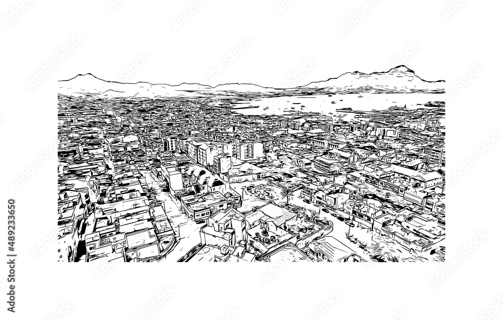 Building view with landmark of Mindelo is a port city in Cape Verde. Hand drawn sketch illustration in vector.