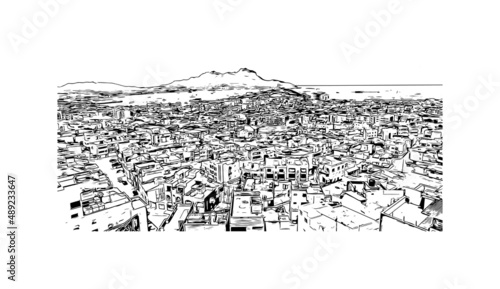 Building view with landmark of Mindelo is a port city in Cape Verde. Hand drawn sketch illustration in vector.