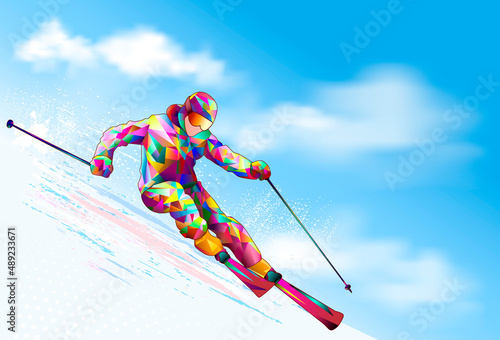 Skier on a background of blue sky and clouds. Skier on a snowy slope. The skier goes down on skis against the background of the sky and clouds
