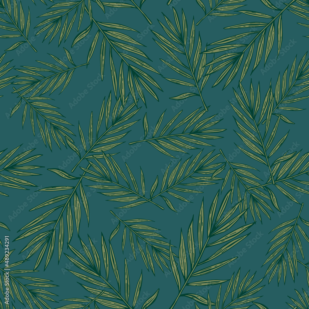 Palm leaves seamless pattern. Tropical branch in engraving style. Palm leaves seamless pattern. Tropical branch in engraving style.