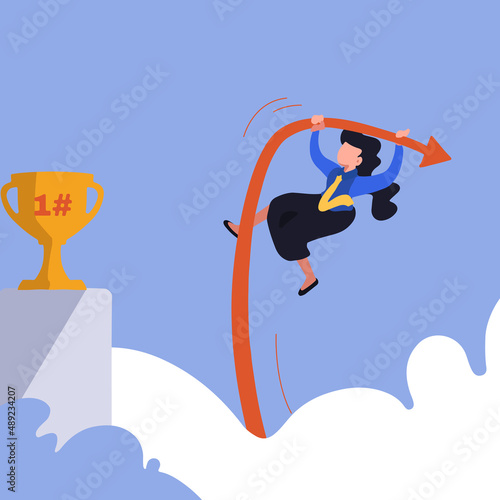 Business concept design businesswoman jumping using pole vault to reach trophy. Business competition, career challenge and goal achievement. Female manager reach aim. Vector illustration flat cartoon