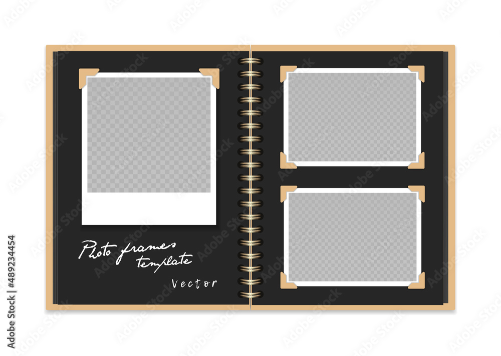 Black open photo album with empty photo frames with corners. Vertical ...