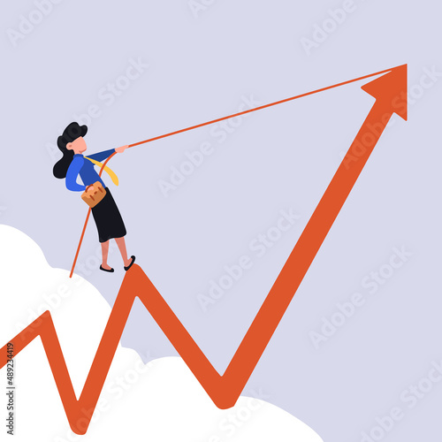 Business flat drawing businesswoman holding briefcase, pulling arrow graph chart up with rope. Career rise to success. Depicts gain, profit, boost. Ambition winning goal. Cartoon vector illustration