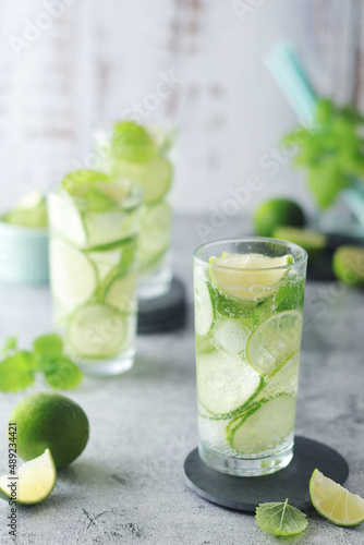 Mineral water with lime and cucumber
