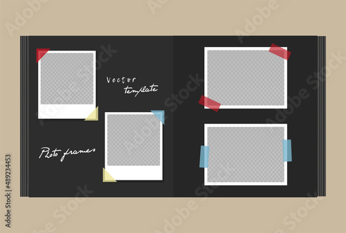 Photo album with black pages and empty photo frames with sticky tape. Open square scrapbooking album. Set of square and horizontal photo cards with corners. Vector realistic Mockup. EPS10.