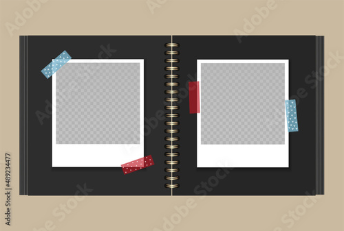 Open square scrapbooking album with empty photo frames and  sticky tape. Photo album with black pages and golden spirals. Two square photo cards. Vector realistic Mockup. EPS10.