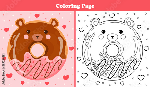 Printable coloring page for kids with sweet bear shape donut with icing and chocolate in cartoon style, game for children books