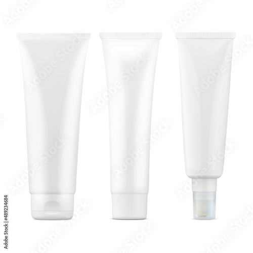 A white plastic tube with cosmetics. Cosmetic tube. Clean, economical packaging for a variety of creams and gels. The image is isolated on a white background.