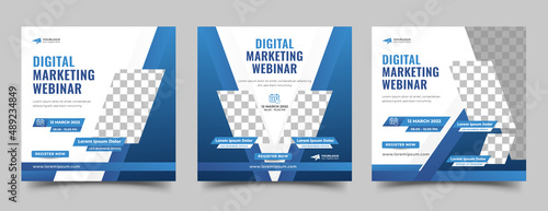 Set of Webinar promotion social media post template. Editable modern square banner with place for the photo.