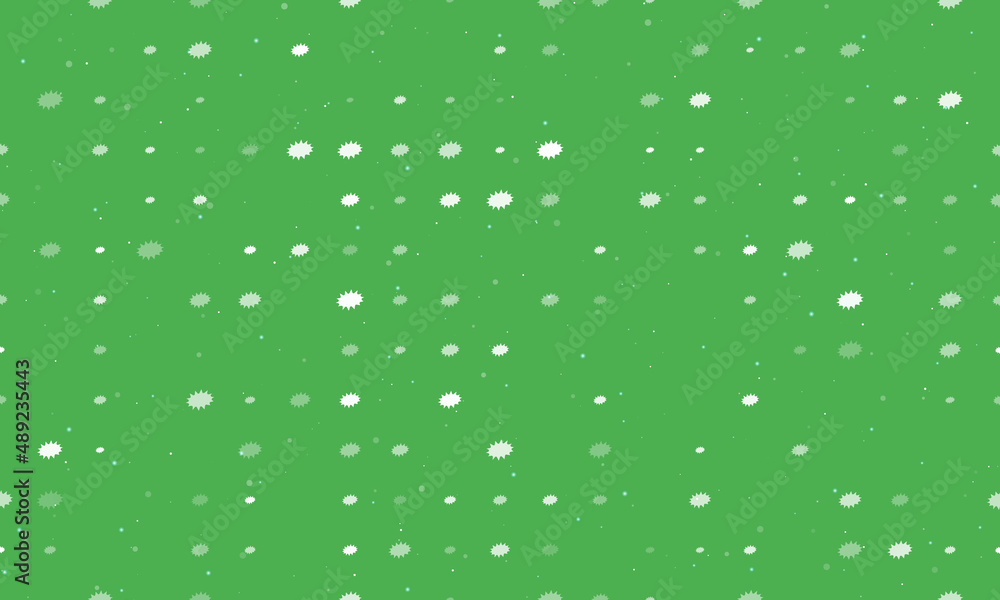 Seamless background pattern of evenly spaced white explosion symbols of different sizes and opacity. Vector illustration on green background with stars