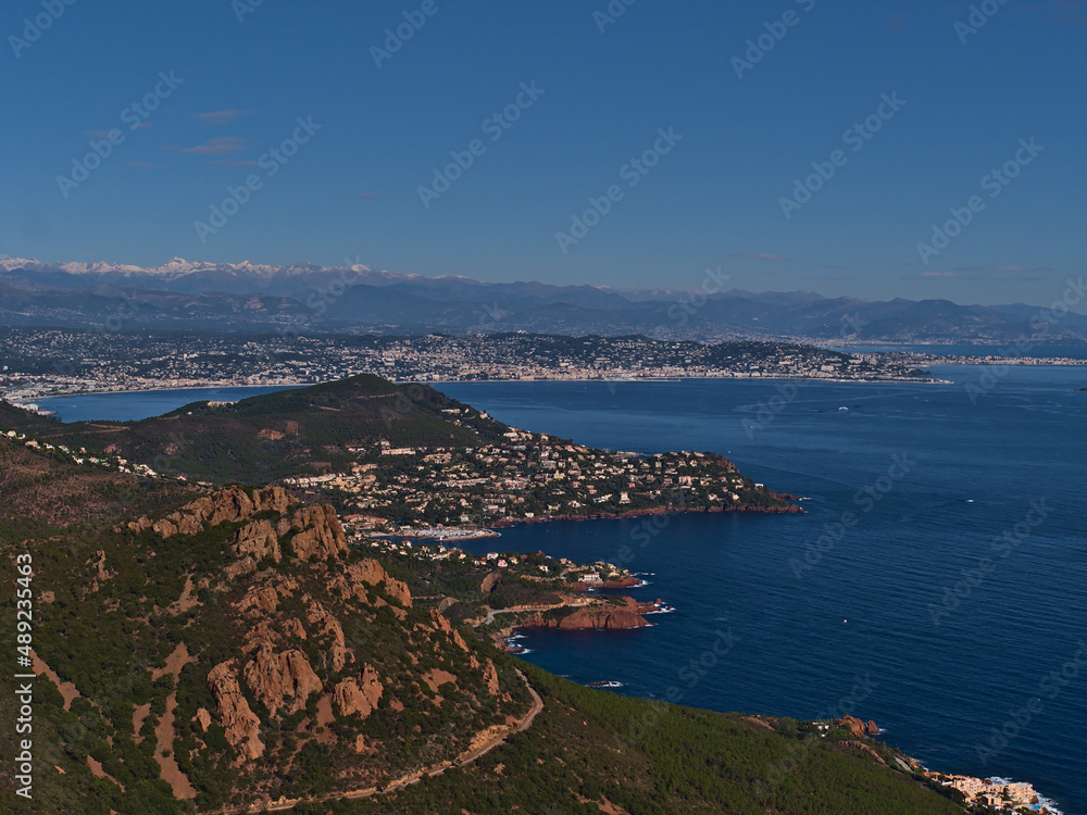 Beautiful aerial panoramic view of the French Riviera viewed from Cap Roux (Estrel mountains) near Saint-Raphael, France with Gulf of Napoule.