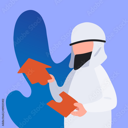 Business concept flat Arabian businessman put arrows together. Business financial investment. Cooperation, support, merger, acquisition. Unite puzzle parts of arrow. Graphic design vector illustration