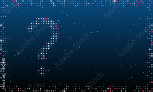 On the left is the question symbol filled with white dots. Pointillism style. Abstract futuristic frame of dots and circles. Some dots is pink. Vector illustration on blue background with stars