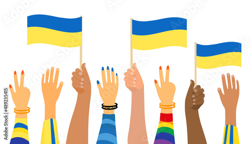 Stop War Ukraine. World peace. Hand hold flag of ukraine, peace sign. Vector illustration
