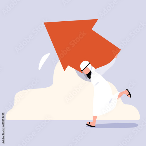 Wallpaper Mural Business flat drawing Arabian businessman carrying heavy arrows. Motivated male manager carry huge arrow face up on back reach financial stability and goal achievement. Cartoon vector illustration Torontodigital.ca