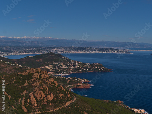 Fototapeta Naklejka Na Ścianę i Meble -  Beautiful aerial panoramic view of the French Riviera viewed from Cap Roux (Estrel mountains) near Saint-Raphael, France with Gulf of Napoule.